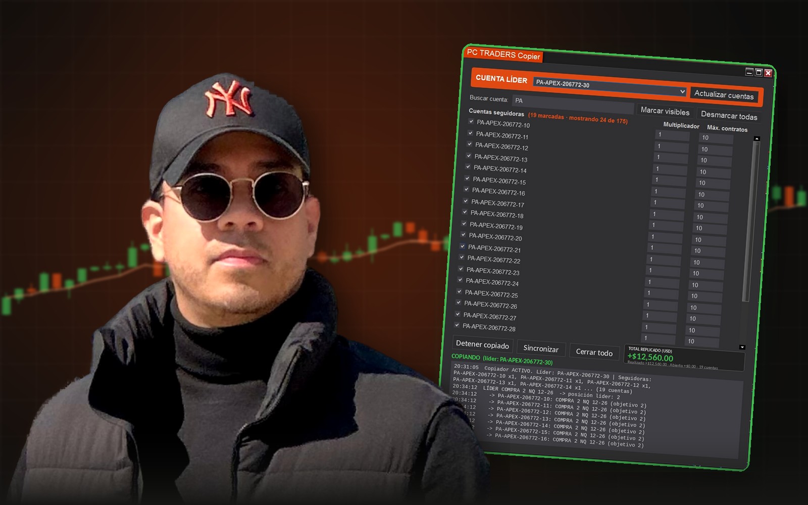 Pablo Celis junto al PC TRADERS Copier con sus cuentas PA de Apex